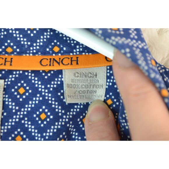 Cinch Men's Large Blue Orange Diamond Pattern Short Sleeve Button Down Shirt - Picture 5 of 13